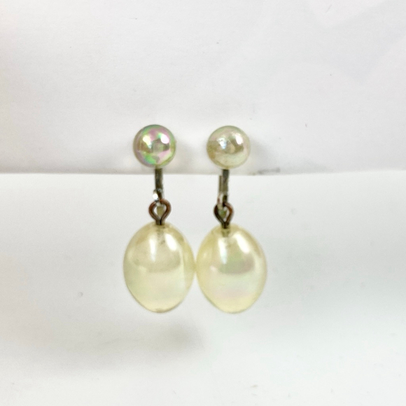Antique Rainbow Iridescent Bubble Glass Sterling Drop Earrings. Screwback. - Picture 6 of 9